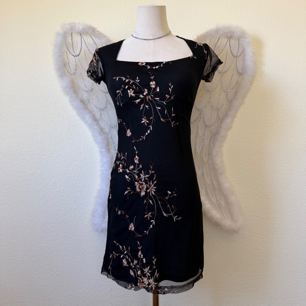 Hourglass Vintage 90s Black Mesh Floral Embroidered Mini Dress Small Made in USA